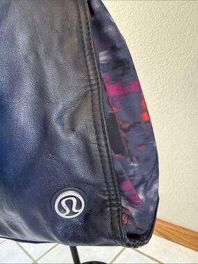 lululemon athletica Navy Follow Your Bliss Faux Leather Tote with Pink/Red Print